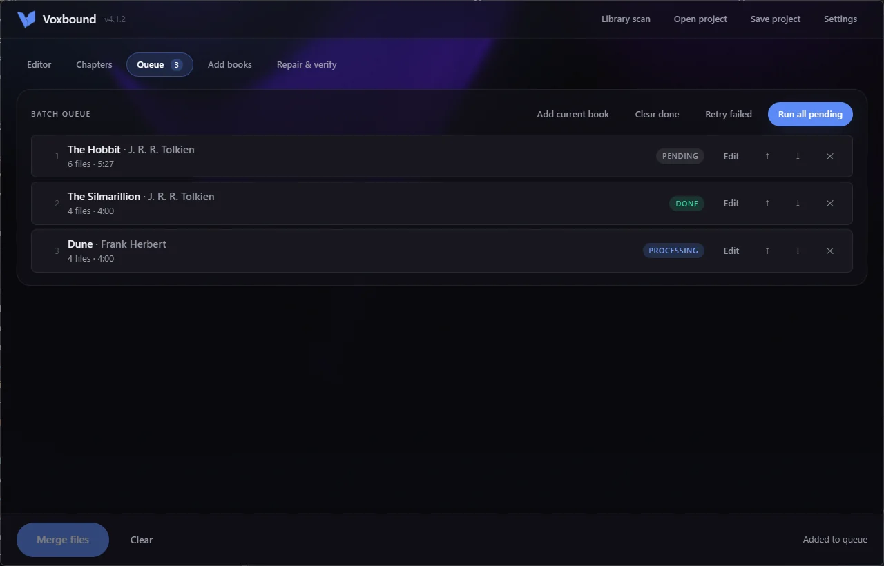 Queue tab: three books listed as pending, done and processing, with Run all pending, Clear done and Retry failed buttons.