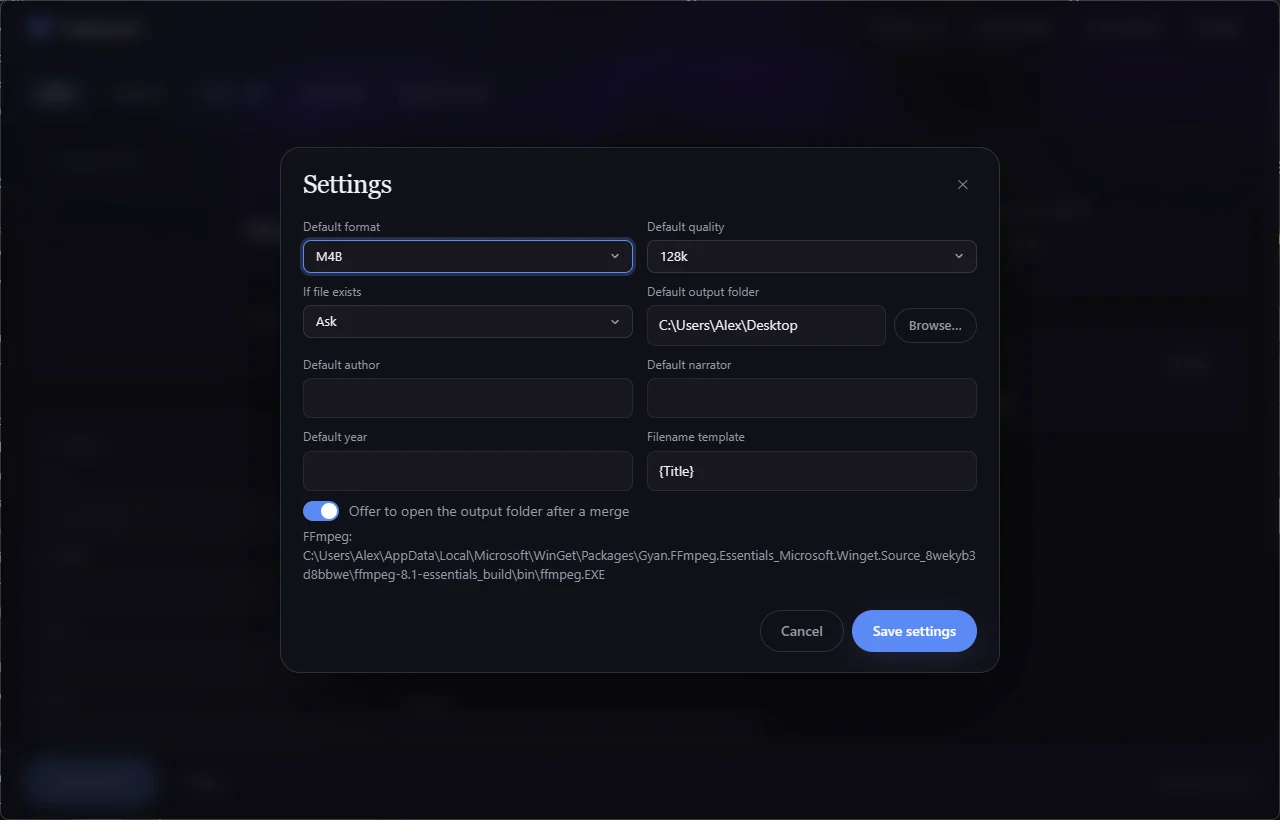 Settings dialog: default format and quality, output folder, naming template, conflict behaviour and processing defaults.
